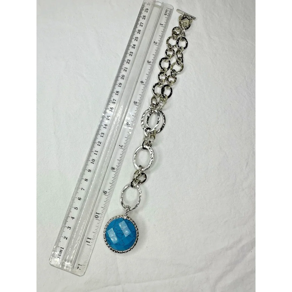 Hammered Links Necklace Turquoise White Pendant Reversible CA Stainless Steel